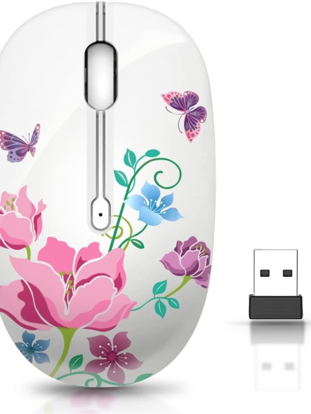 Wireless Floral USB Mouse - White with Pink & Purple Design